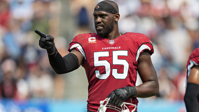 NASHVILLE, TENNESSEE - SEPTEMBER 12: Chandler Jones #55 of the Arizona Cardinals looks over the sidelines during the game agains the Tennessee Titans at Nissan Stadium on September 12, 2021 in Nashville, Tennessee. The Cardinals defeated the Titans 38-13.