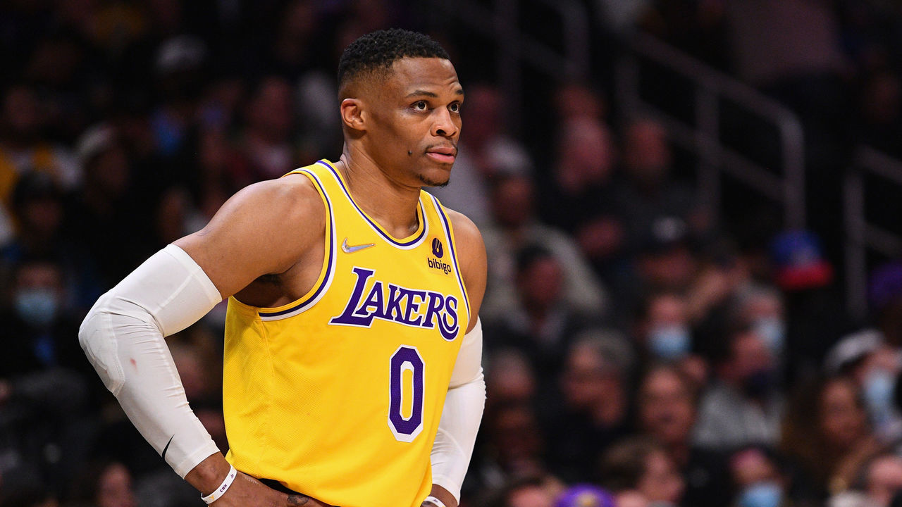 LOS ANGELES, CA - MARCH 03: Los Angeles Lakers Guard Russell Westbrook (0) looks on during a NBA game between the Los Angeles Lakers and the Los Angeles Clippers on March 3, 2022 at Crypto.com Arena in Los Angeles, CA.