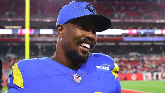 TAMPA, FLORIDA - JANUARY 23: Von Miller #40 of the Los Angeles Rams reacts after defeating the Tampa Bay Buccaneers 30-27 in the NFC Divisional Playoff game at Raymond James Stadium on January 23, 2022 in Tampa, Florida.