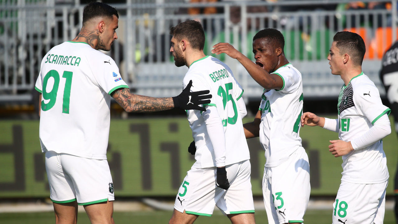VENICE, ITALY - MARCH 06: Domenico Berardi of Sassuolo celebrates his team's second goal during the Serie A match between Venezia FC and US Sassuolo at Stadio Pier Luigi Penzo on March 06, 2022 in Venice, Italy.