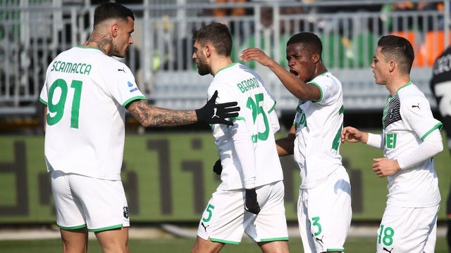 VENICE, ITALY - MARCH 06: Domenico Berardi of Sassuolo celebrates his team's second goal during the Serie A match between Venezia FC and US Sassuolo at Stadio Pier Luigi Penzo on March 06, 2022 in Venice, Italy.