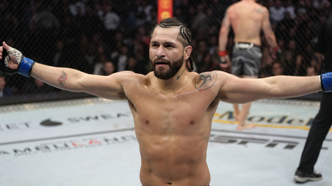 LAS VEGAS, NEVADA - MARCH 05: Jorge Masvidal walks back to his corner after the first round of his welterweight fight against Colby Covington during the UFC 272 event on March 05, 2022 in Las Vegas, Nevada.