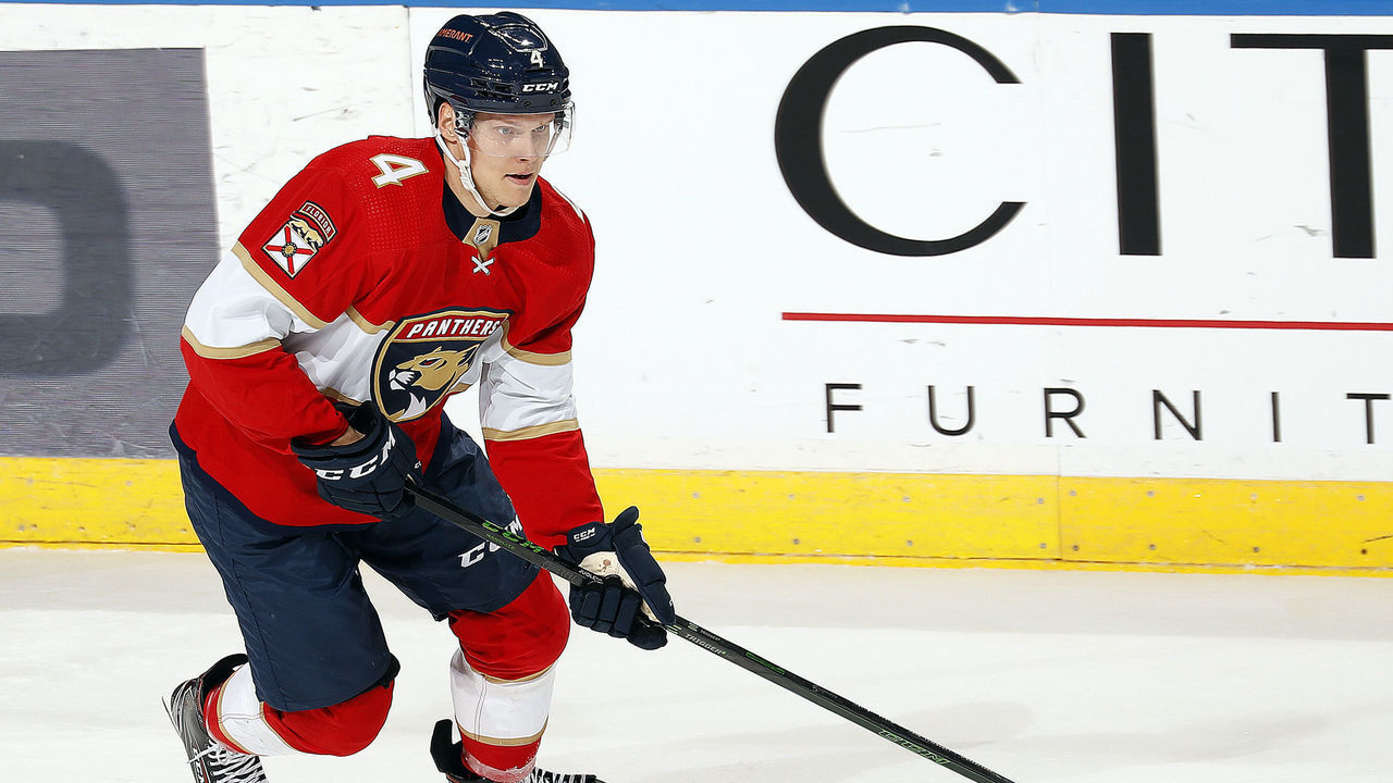 SUNRISE, FL - DECEMBER 16: Olli Juolevi #4 of the Florida Panthers skates with the puck against the Los Angeles Kings at the FLA Live Arena on December 16, 2021 in Sunrise, Florida.