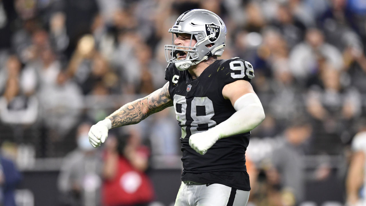LAS VEGAS, NEVADA - JANUARY 09: Defensive end Maxx Crosby #98 of the Las Vegas Raiders celebrates after a tackle during the second half of a game against the Los Angeles Chargers at Allegiant Stadium on January 09, 2022 in Las Vegas, Nevada. The Raiders defeated the Chargers 35-32 in overtime.