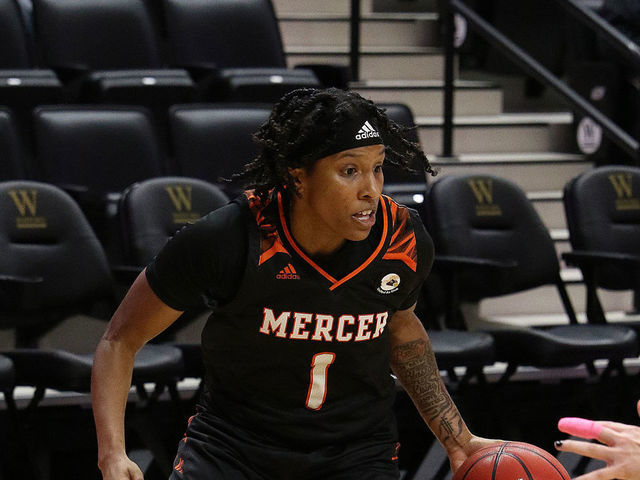 SPARTANBURG, SC - FEBRUARY 17: Mercer guard Amoria Neal-Tysor (1) during a women's college basketball game between the Mercer Bears and the Wofford Terriers on February 17, 2022, at Jerry Richardson Indoor Stadium in Spartanburg, S.C.