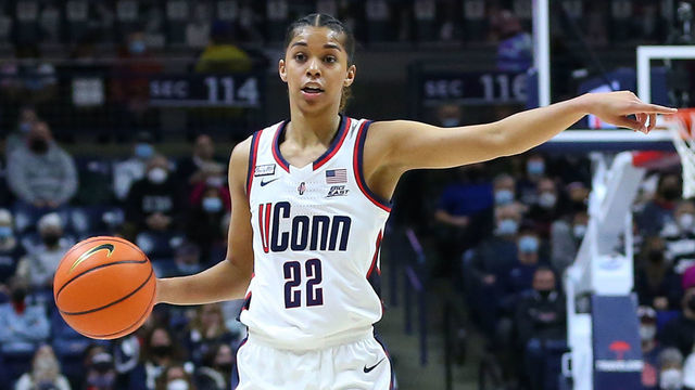 STORRS, CT - FEBRUARY 27: UConn Huskies guard Evina Westbrook (22) in action during a college basketball game between Providence Friars and UConn Huskies on February 27 2022, at Harry A. Gampel Pavilion in Storrs, CT.
