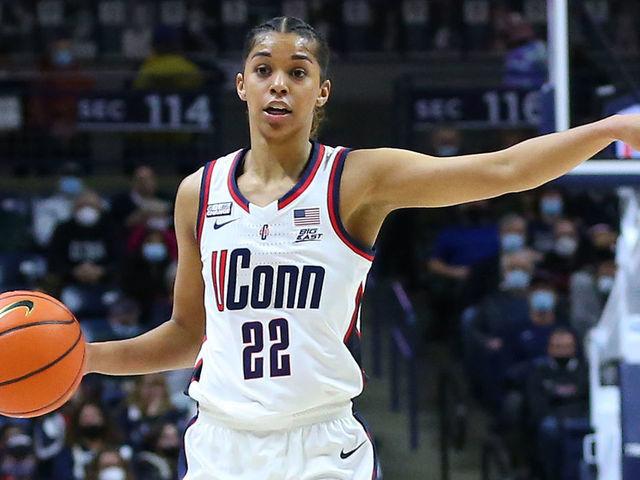 STORRS, CT - FEBRUARY 27: UConn Huskies guard Evina Westbrook (22) in action during a college basketball game between Providence Friars and UConn Huskies on February 27 2022, at Harry A. Gampel Pavilion in Storrs, CT.