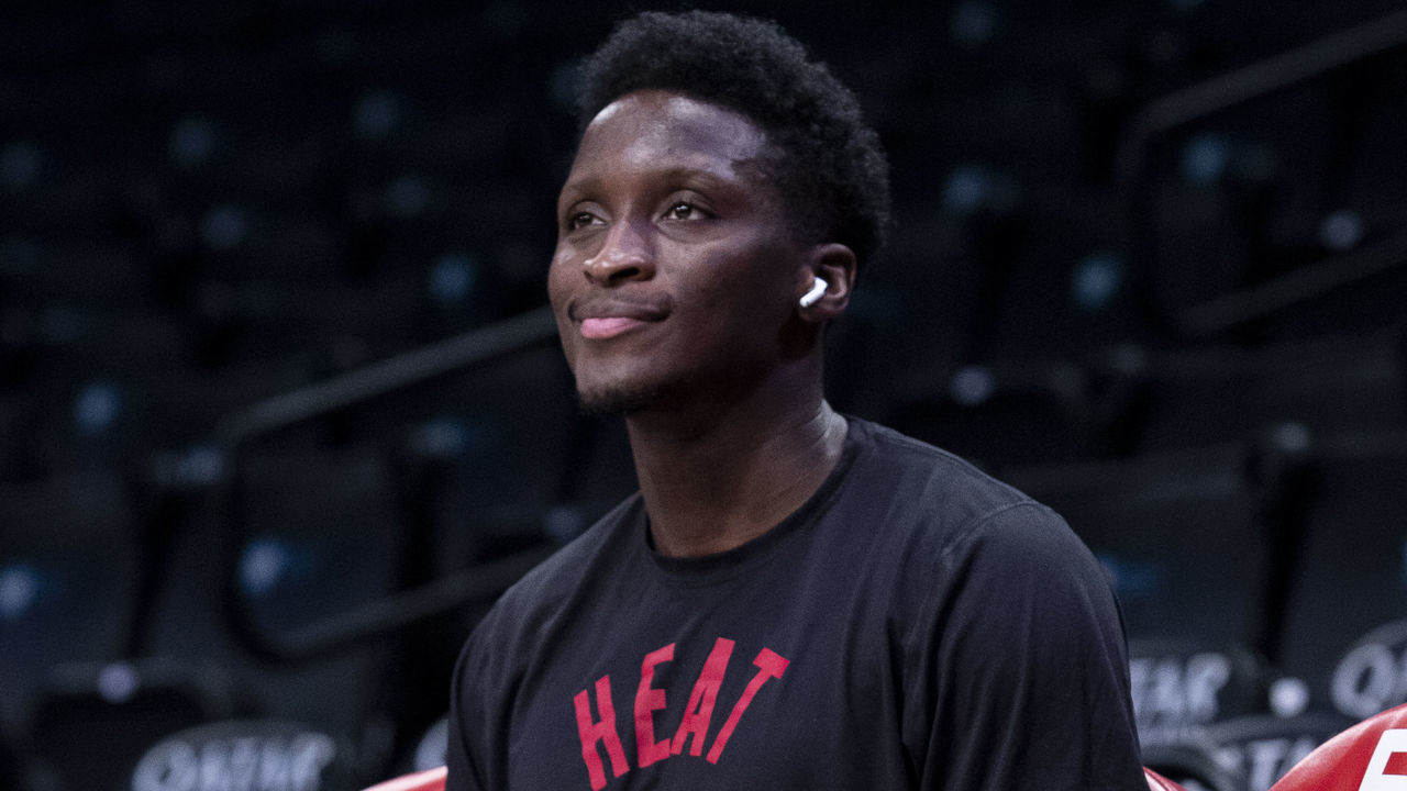 NEW YORK, NEW YORK - MARCH 3: Victor Oladipo #4 of the Miami Heat gets in the zone prior to game against the Brooklyn Nets at Barclays Center on March 3, 2022 in the Brooklyn borough of New York City.