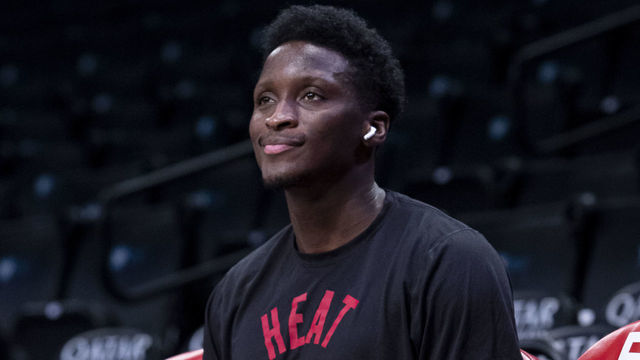 NEW YORK, NEW YORK - MARCH 3: Victor Oladipo #4 of the Miami Heat gets in the zone prior to game against the Brooklyn Nets at Barclays Center on March 3, 2022 in the Brooklyn borough of New York City.