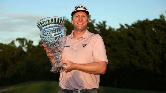 RIO GRANDE, PUERTO RICO - MARCH 06: Ryan Brehm poses with the trophy on the 18th green during the final round of the Puerto Rico Open at Grand Reserve Golf Club on March 06, 2022 in Rio Grande.