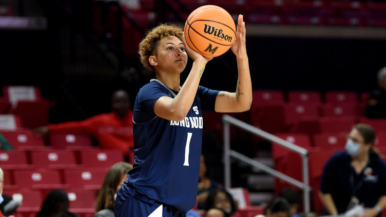 COLLEGE PARK, MARYLAND - NOVEMBER 09: Kyla McMakin #1 of the Longwood Lancers shoots the ball against the Maryland Terrapins at Xfinity Center on November 09, 2021 in College Park, Maryland.