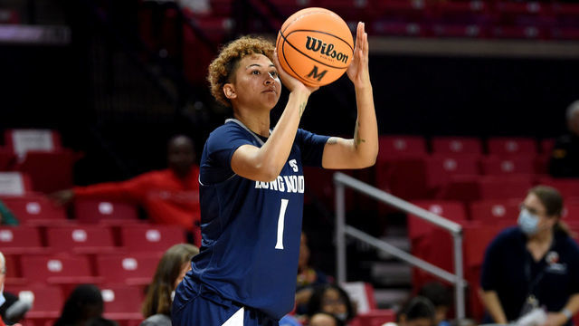 COLLEGE PARK, MARYLAND - NOVEMBER 09: Kyla McMakin #1 of the Longwood Lancers shoots the ball against the Maryland Terrapins at Xfinity Center on November 09, 2021 in College Park, Maryland.
