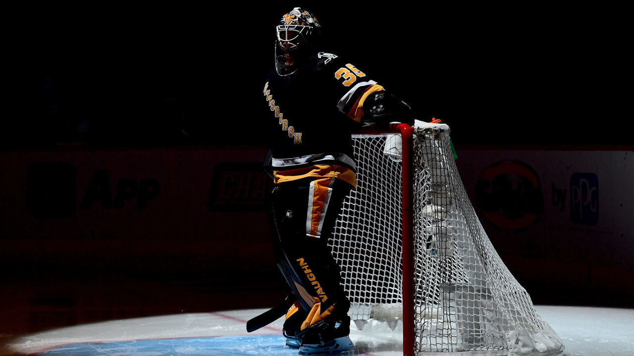 PITTSBURGH, PENNSYLVANIA - FEBRUARY 26: Tristan Jarry #35 of the Pittsburgh Penguins looks on before the first period against the New York Rangers at PPG PAINTS Arena on February 26, 2022 in Pittsburgh, Pennsylvania.