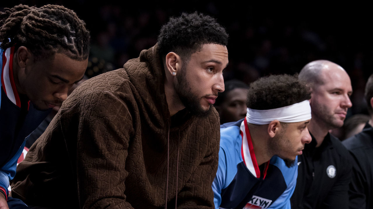 NEW YORK, NEW YORK - MARCH 3: Ben Simmons #25 of the Brooklyn Nets looks out during game against the Miami Heat at Barclays Center on March 3, 2022 in the Brooklyn borough of New York City.