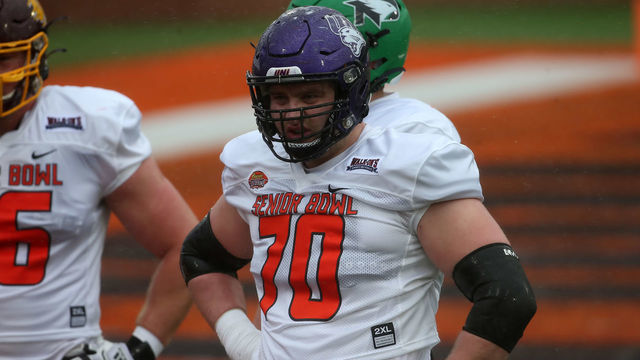 MOBILE, AL - FEBRUARY 02: National offensive lineman Trevor Penning of Northern Iowa (70) during the Reese's Senior Bowl practice session on February 2, 2002 at Hancock Whitney Stadium in Mobile, Alabama.