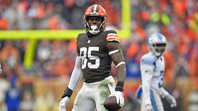 CLEVELAND, OHIO - NOVEMBER 21: Tight end David Njoku #85 of the Cleveland Browns pauses after a play during the first half against the Detroit Lions at FirstEnergy Stadium on November 21, 2021 in Cleveland, Ohio. The Browns defeated the Lions 13-10.