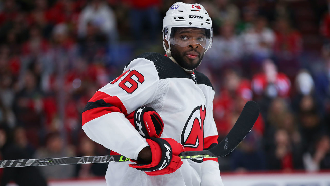 CHICAGO, IL - FEBRUARY 25: New Jersey Devils defenseman P.K. Subban (76) looks on during a game between the New Jersey Devils and the Chicago Blackhawks on February 25, 2022 at the United Center in Chicago, IL.