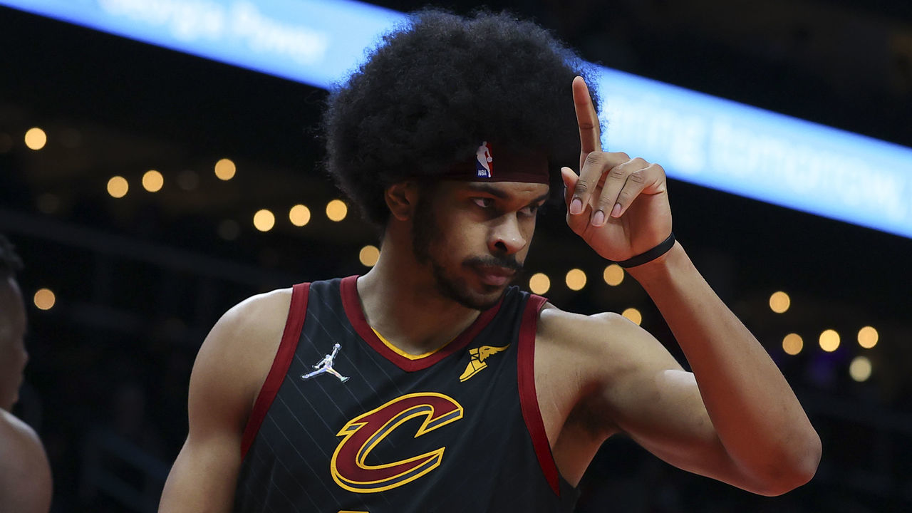 ATLANTA, GA - FEBRUARY 15: Jarrett Allen #31 of the Cleveland Cavaliers reacts after being called for a foul during the second half against the Atlanta Hawks at State Farm Arena on February 15, 2022 in Atlanta, Georgia.
