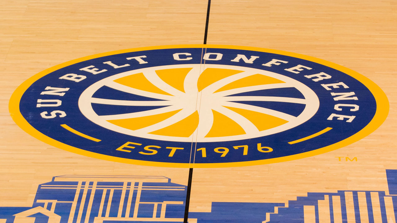 March 12, 2015 - Sun Belt mid court logo during the game between Arkansas Little Rock and South Alabama at the Lakefront Arena in New Orleans, LA. South Alabama defeated Arkansas Little Rock 57-55.