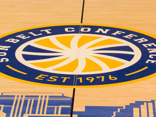 March 12, 2015 - Sun Belt mid court logo during the game between Arkansas Little Rock and South Alabama at the Lakefront Arena in New Orleans, LA. South Alabama defeated Arkansas Little Rock 57-55.