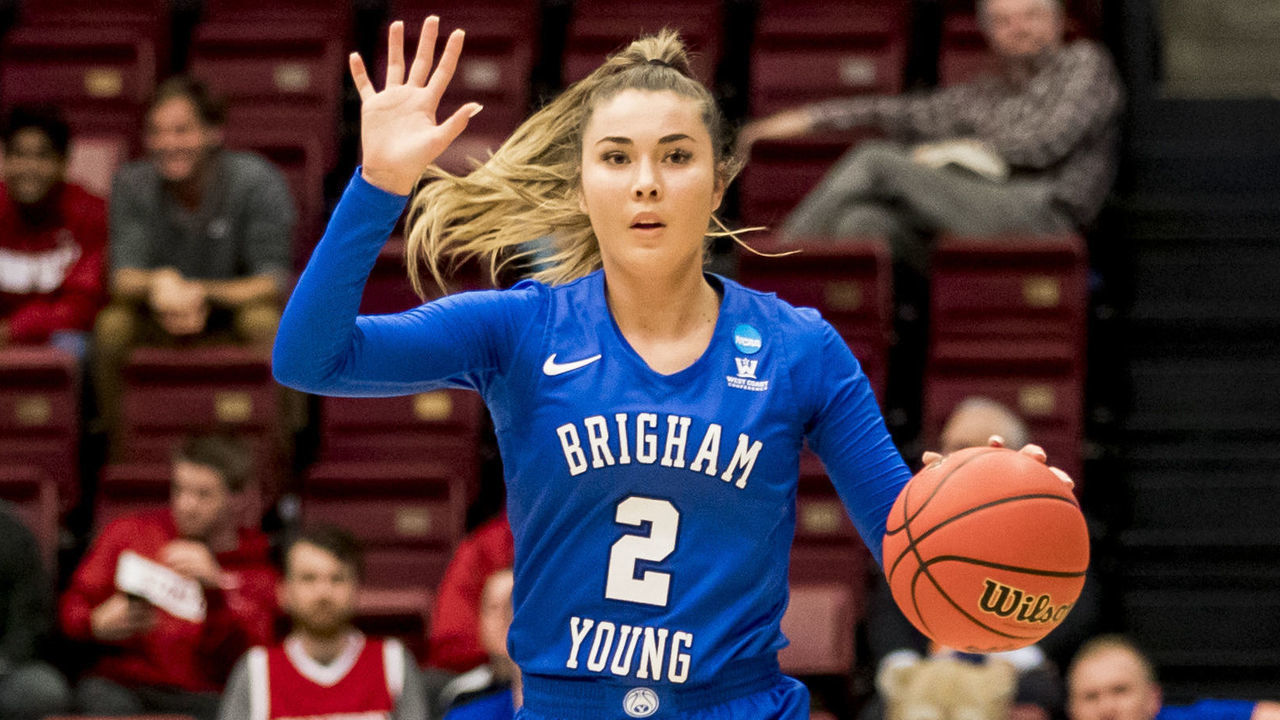 STANFORD, CA - MARCH 25: BYU Cougars guard Shaylee Gonzales (2) calls a play during the NCAA Second Round Womens Basketball game between the Stanford Cardinal and BYU Cougars on March 25, 2019 at Maples Pavilion in Palo Alto, CA.