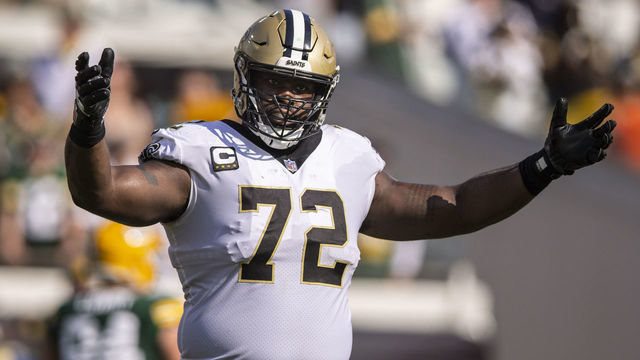 JACKSONVILLE, FLORIDA - SEPTEMBER 12: Terron Armstead #72 of the New Orleans Saints celebrates a touchdown during the second quarter of a game against the Green Bay Packers at TIAA Bank Field on September 12, 2021 in Jacksonville, Florida.