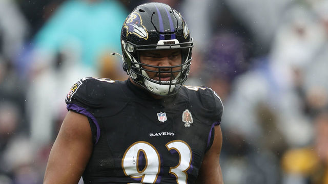 BALTIMORE, MARYLAND - JANUARY 09: Calais Campbell #93 of the Baltimore Ravens looks on against the Pittsburgh Steelers at M&T Bank Stadium on January 09, 2022 in Baltimore, Maryland.