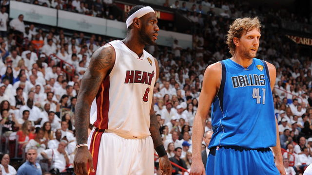 MIAMI, FL - JUNE 12: Dirk Nowitzki #41 of the Dallas Mavericks and LeBron James #6 of the Miami Heat look on during a free throw during Game Six of the 2011 NBA Finals on June 12, 2011 at the American Airlines Arena in Miami, Florida. NOTE TO USER: User expressly acknowledges and agrees that, by downloading and/or using this photograph, user is consenting to the terms and conditions of the Getty Images License Agreement. Mandatory Copyright Notice: Copyright 2011 NBAE