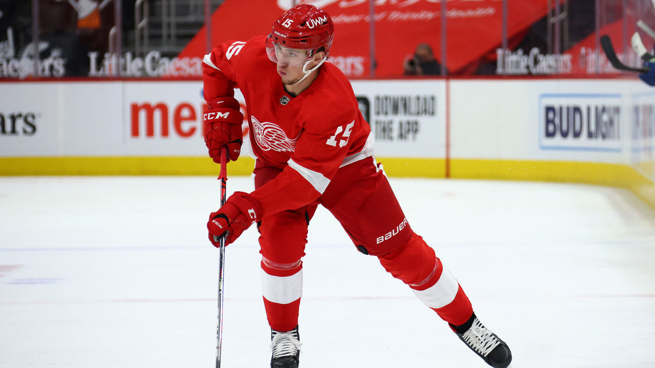 DETROIT, MICHIGAN - MAY 01: Jakub Vrana #15 of the Detroit Red Wings skates against the Tampa Bay Lightning at Little Caesars Arena on May 01, 2021 in Detroit, Michigan.