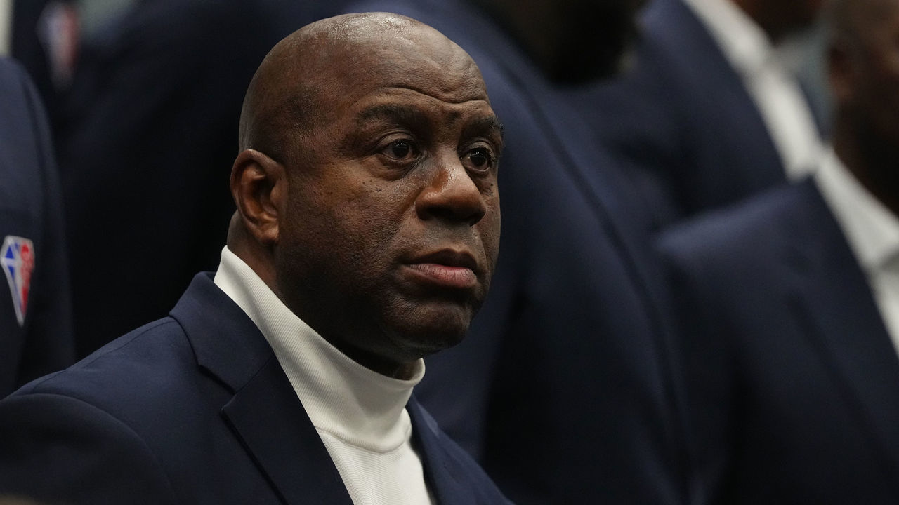 CLEVELAND, OH - FEBRUARY 20: NBA Legend, Magic Johnson looks on during the NBA 75 Group Photo as part of the 2022 NBA All Star Weekend on February 20, 2022 at Rocket Mortgage FieldHouse in Cleveland, Ohio. NOTE TO USER: User expressly acknowledges and agrees that, by downloading and/or using this Photograph, user is consenting to the terms and conditions of the Getty Images License Agreement. Mandatory Copyright Notice: Copyright 2022 NBAE