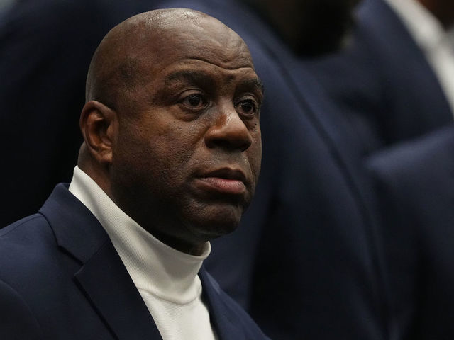 CLEVELAND, OH - FEBRUARY 20: NBA Legend, Magic Johnson looks on during the NBA 75 Group Photo as part of the 2022 NBA All Star Weekend on February 20, 2022 at Rocket Mortgage FieldHouse in Cleveland, Ohio. NOTE TO USER: User expressly acknowledges and agrees that, by downloading and/or using this Photograph, user is consenting to the terms and conditions of the Getty Images License Agreement. Mandatory Copyright Notice: Copyright 2022 NBAE