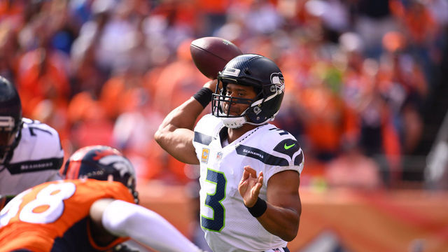 Football: Seattle Seahawks QB Russell Wilson (3) in action, passing vs Denver Broncos at Mile High Stadium. Denver, CO 9/9/2018 CREDIT: Jamie Schwaberow (Set Number: X162125 TK1 )