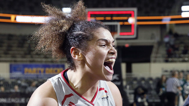 INDIANAPOLIS, INDIANA - MARCH 10: Macee Williams #50 of the IUPUI Jaguars celebrates after winning the Horizon League Women's Basketball Tournament over the Green Bay Phoenix at Indiana Farmers Coliseum on March 10, 2020 in Indianapolis, Indiana.