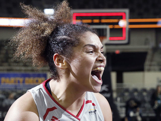 INDIANAPOLIS, INDIANA - MARCH 10: Macee Williams #50 of the IUPUI Jaguars celebrates after winning the Horizon League Women's Basketball Tournament over the Green Bay Phoenix at Indiana Farmers Coliseum on March 10, 2020 in Indianapolis, Indiana.