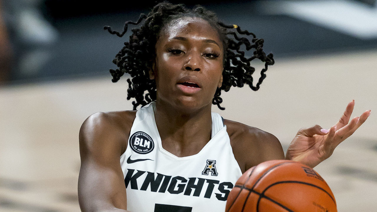 ORLANDO, FL - JANUARY 27: UCF Knights forward Masseny Kaba (5) passes the ball during the basketball game between the UCF Knights and the and the East Carolina Pirates on January 27, 2021 Addition Financial Arena in Orlando, FL.