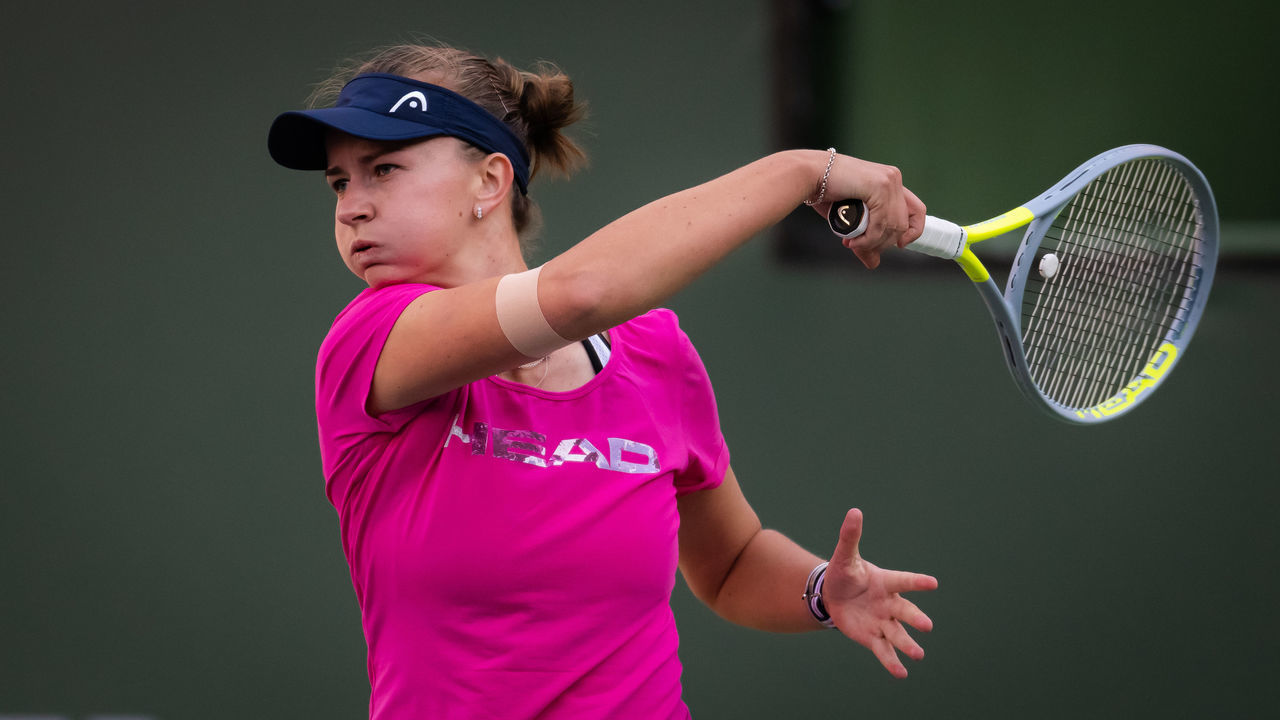 INDIAN WELLS, CALIFORNIA - MARCH 07: Barbora Krejcikova of the Czech Republic in action during her practice session at the 2022 BNP Paribas Open at the Indian Wells Tennis Garden on March 7, 2022 in Indian Wells, California