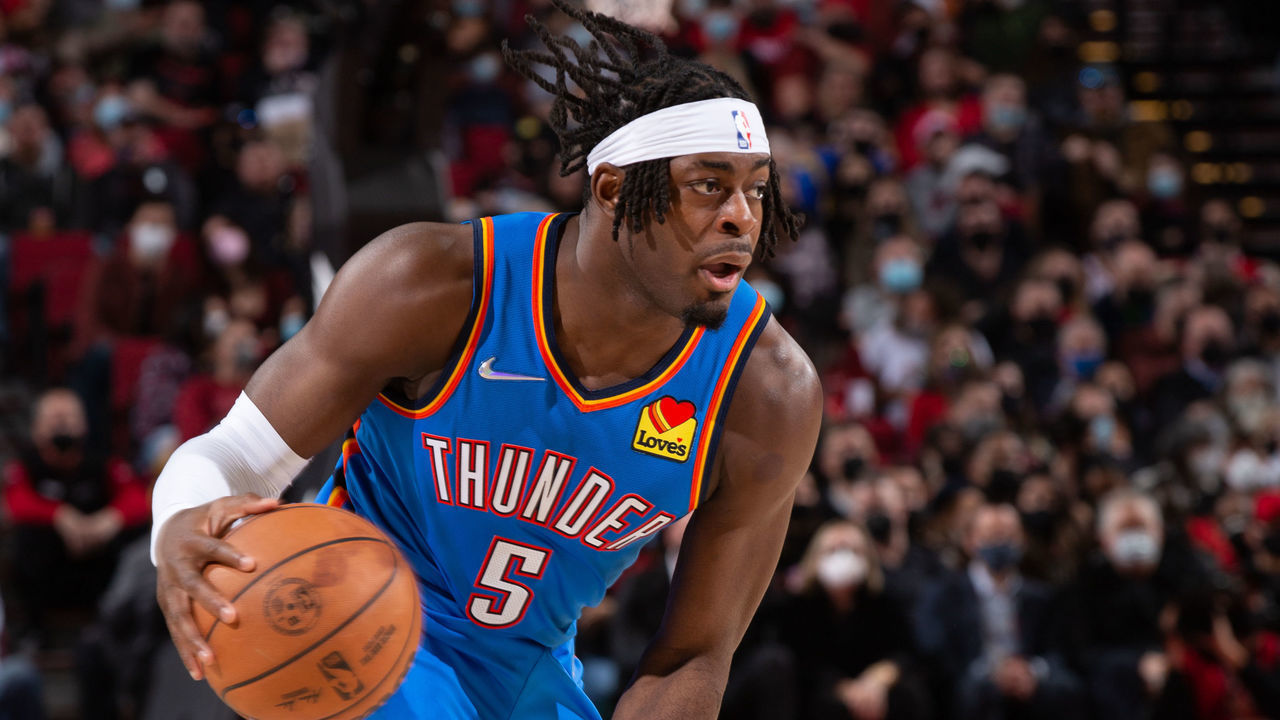 PORTLAND, OR - FEBRUARY 4: Luguentz Dort #5 of the Oklahoma City Thunder dribbles the ball during the game against the Portland Trail Blazers on February 4, 2022 at the Moda Center Arena in Portland, Oregon. Mandatory Copyright Notice: Copyright 2022 NBAE