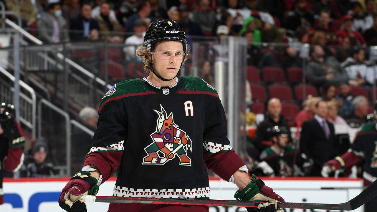 GLENDALE, ARIZONA - FEBRUARY 25: Jakob Chychrun #6 of the Arizona Coyotes gets ready prior to a face off against the Vegas Golden Knights at Gila River Arena on February 25, 2022 in Glendale, Arizona.
