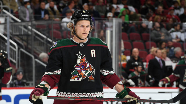 GLENDALE, ARIZONA - FEBRUARY 25: Jakob Chychrun #6 of the Arizona Coyotes gets ready prior to a face off against the Vegas Golden Knights at Gila River Arena on February 25, 2022 in Glendale, Arizona.