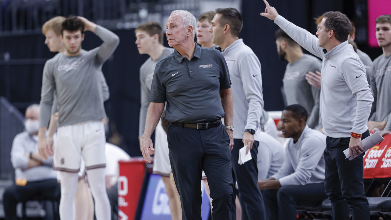 LAS VEGAS, NV - NOVEMBER 22: Head coach Scott Davenport of Bellarmine Knights is seen during the game against the UCLA Bruins at T-Mobile Arena on November 22, 2021 in Las Vegas, Nevada.