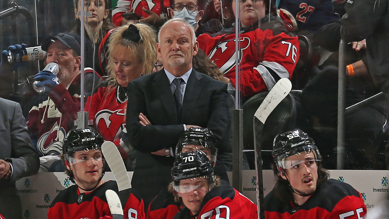 NEWARK, NJ - MARCH 08: Lindy Ruff of the New Jersey Devils looks on during the second period against the Colorado Avalanche at the Prudential Center on March 8, 2022 in Newark, New Jersey.
