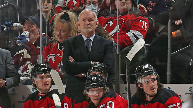 NEWARK, NJ - MARCH 08: Lindy Ruff of the New Jersey Devils looks on during the second period against the Colorado Avalanche at the Prudential Center on March 8, 2022 in Newark, New Jersey.