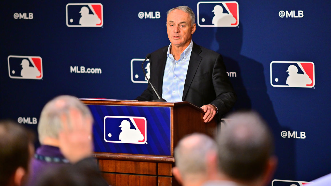 ORLANDO, FLORIDA - FEBRUARY 10: Major League Baseball Commissioner Rob Manfred answers questions during an MLB owner's meeting at the Waldorf Astoria on February 10, 2022 in Orlando, Florida. Manfred addressed the ongoing lockout of players, which owners put in place after the league's collective bargaining agreement ended on December 1, 2021.