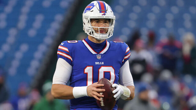 ORCHARD PARK, NY - JANUARY 09: Mitchell Trubisky #10 of the Buffalo Bills on the field during warmups before a game against the New York Jets at Highmark Stadium on January 9, 2022 in Orchard Park, New York.