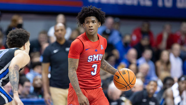 DALLAS, TX - FEBRUARY 20: SMU Mustangs guard Kendric Davis (#3) dribbles up court during the college basketball game between the SMU Mustangs and the Memphis Tigers on February 20, 2022, at Moody Coliseum in Dallas, TX.
