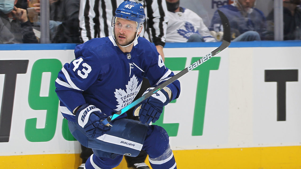 TORONTO, ON - DECEMBER 11: Kyle Clifford #43 of the Toronto Maple Leafs skates against the Chicago Blackhawks during an NHL game at Scotiabank Arena on December 11, 2021 in Toronto, Ontario, Canada. The Maple Leafs defeated the Blackhawks 5-4.