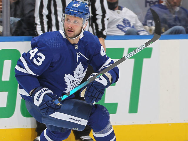 TORONTO, ON - DECEMBER 11: Kyle Clifford #43 of the Toronto Maple Leafs skates against the Chicago Blackhawks during an NHL game at Scotiabank Arena on December 11, 2021 in Toronto, Ontario, Canada. The Maple Leafs defeated the Blackhawks 5-4.