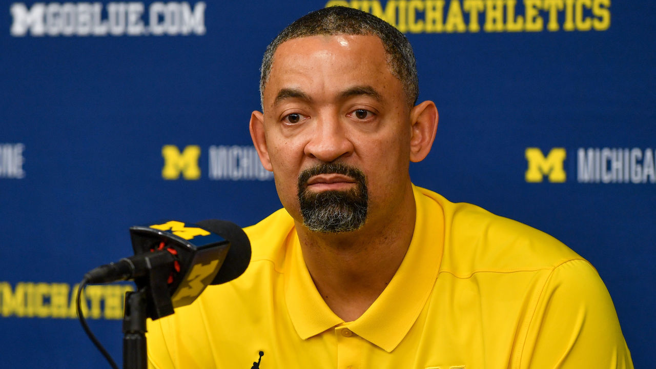 ANN ARBOR, MICHIGAN - FEBRUARY 12: Head Basketball Coach Juwan Howard of the Michigan Wolverines talk with press after a college basketball game against the Ohio State Buckeyes at Crisler Arena on February 12, 2022 in Ann Arbor, Michigan. The Ohio State Buckeyes won the game 68-57 over the Michigan Wolverines.