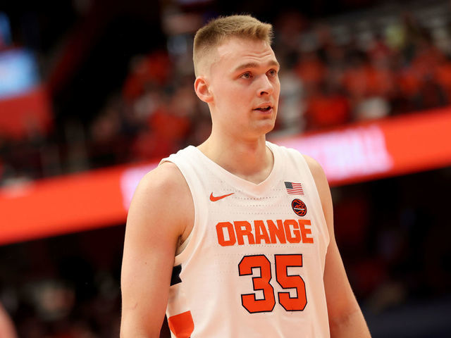 SYRACUSE, NEW YORK - MARCH 05: Buddy Boeheim #35 of the Syracuse Orange prepares to shoot a free throw during the first half against the Miami (Fl) Hurricanes at the Carrier Dome on March 05, 2022 in Syracuse, New York.