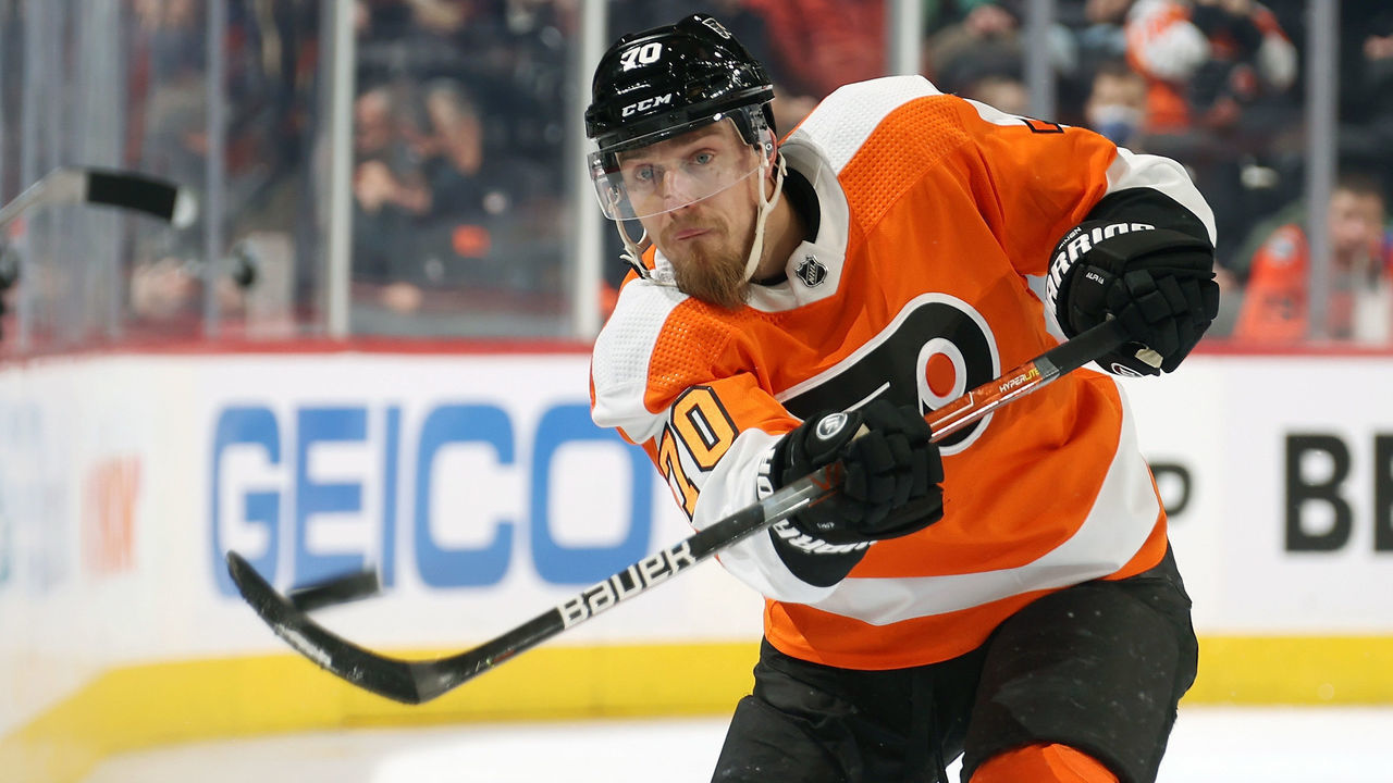 PHILADELPHIA, PA - JANUARY 24: Rasmus Ristolainen #70 of the Philadelphia Flyers shoots the puck against the Dallas Stars at the Wells Fargo Center on January 24, 2022 in Philadelphia, Pennsylvania.